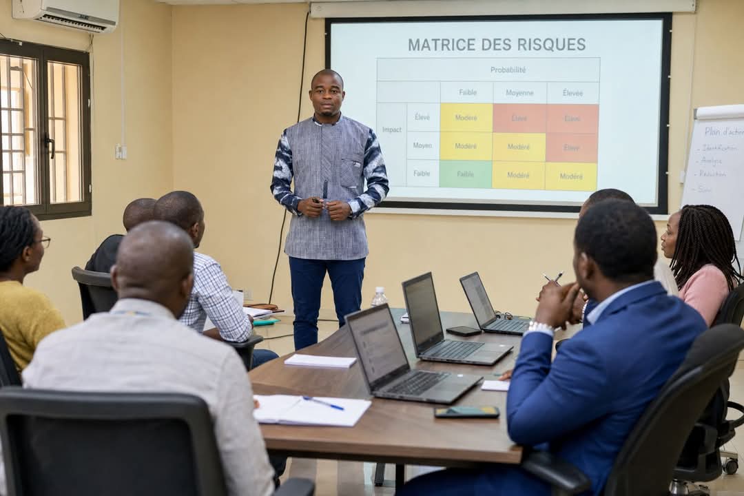 Formation à la gestion des risques dispensée par Vertix Risk Advisory, matrice des risques projetée devant les participants